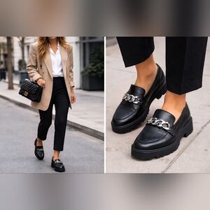 Anne Klein Black Chunky Chain Loafers Size 10M Slip-On Platform Shoes